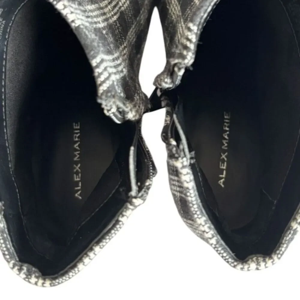 Alex Marie Black & White Plaid Low Block Heel Fall Boots Almond Toe Size 7.5